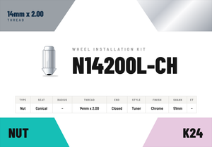 Lug Nuts — 14mm × 2.00 Conical · Tuner · Chrome · 51mm shank · Kit of 24