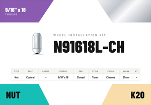 Lug Nuts — 9/16" × 18 Conical · Tuner · Chrome · 51mm shank · Kit of 20