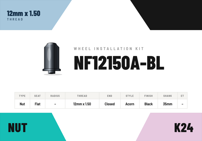 Lug Nuts — 12mm × 1.50 Flat · Acorn · Black · 35mm shank · Kit of 24