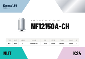 Lug Nuts — 12mm × 1.50 Flat · Acorn · Chrome · 35mm shank · Kit of 24