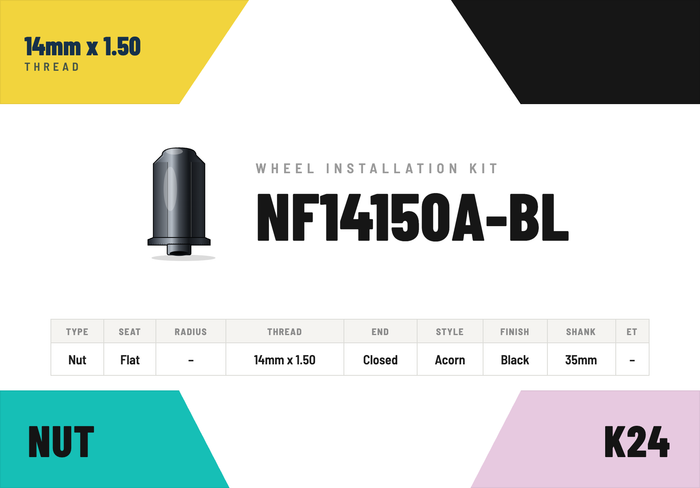 Lug Nuts — 14mm × 1.50 Flat · Acorn · Black · 35mm shank · Kit of 24