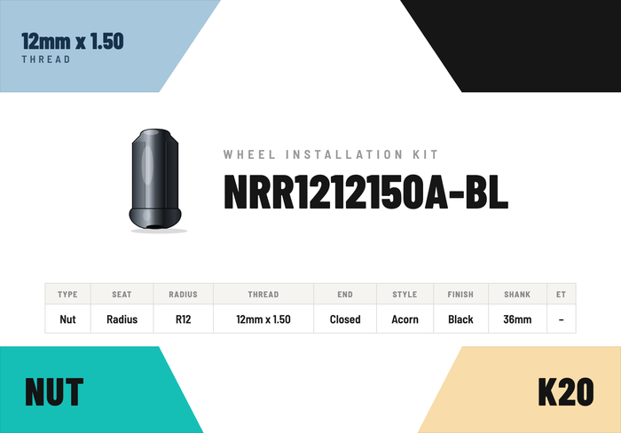Lug Nuts — 12mm × 1.50 Radius R12 · Acorn · Black · 36mm shank · Kit of 20
