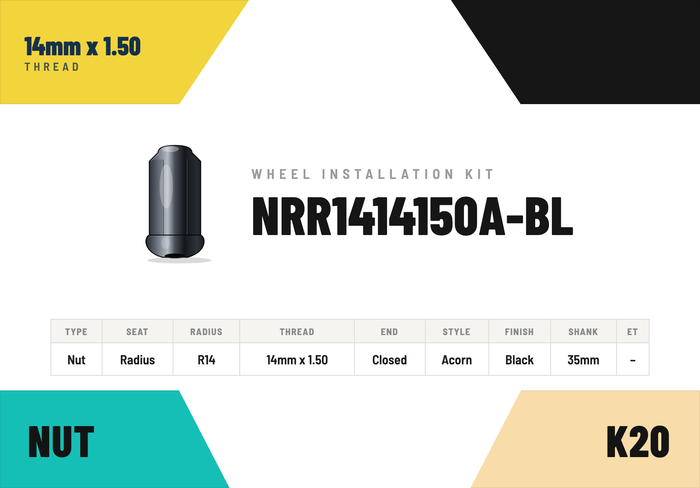 Lug Nuts — 14mm × 1.50 Radius R14 · Acorn · Black · 35mm shank · Kit of 20