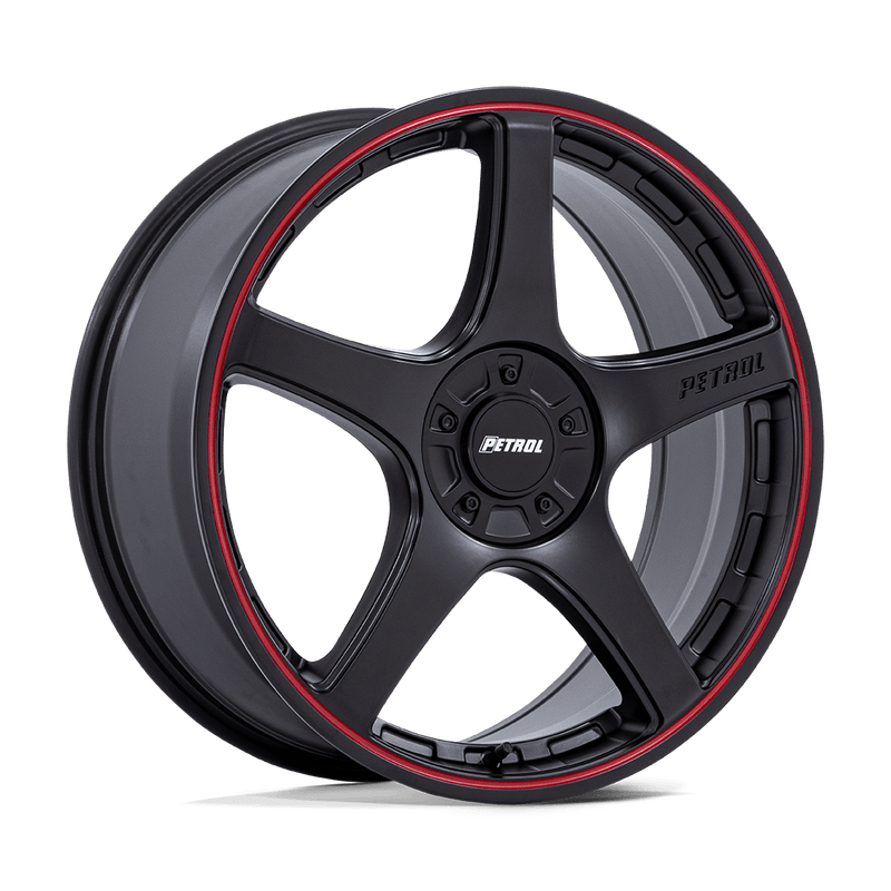 Petrol Wheels - PE003 P2E - Black - Matte Black with Red Lip - 17" x 8", 40 Offset, 5x112/120 (Bolt pattern), 74.1mm HUB