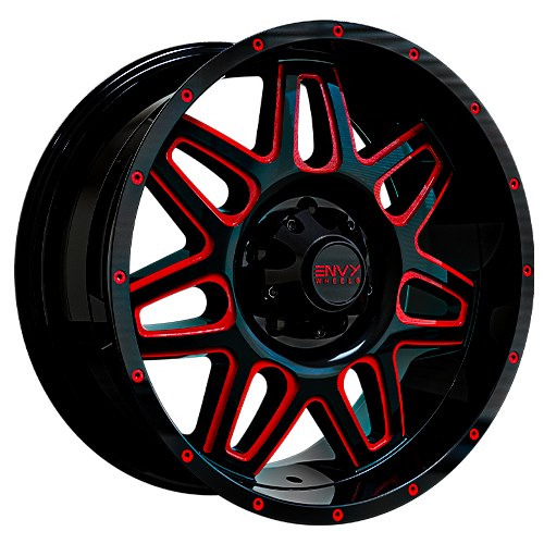 Envy Wheels - ET-2 - Black - GLOSS BLACK /  RED SIDE MILL - 20" x 9", 18 Offset, 5x139.7 (Bolt Pattern), 77.8mm HUB