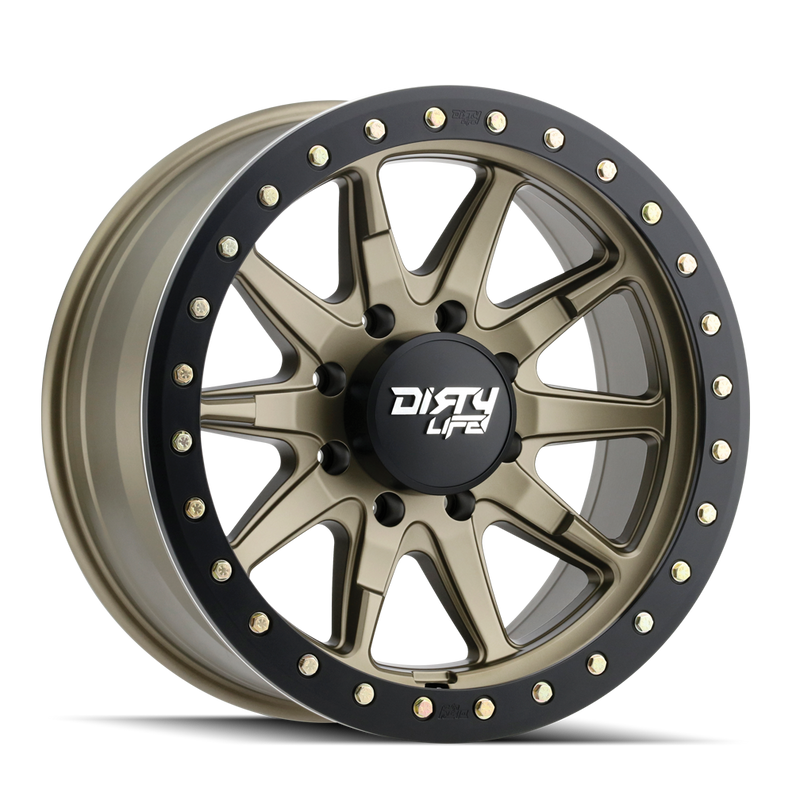 Dirty Life - DT-2 - Gold - SATIN GOLD WITH SIMULATED BEADLOCK RING - 17" x 9", -38 Offset, 5x127 (Bolt Pattern), 78.1mm HUB