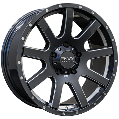 Envy Wheels - CRAZE - Gunmetal - GLOSS DARK GUN METAL / UNDERCUT / SIDE MILL / MILLED RIVETS - 17" x 9", 25 Offset, 5x139.7 (Bolt Pattern), 77.8mm HUB