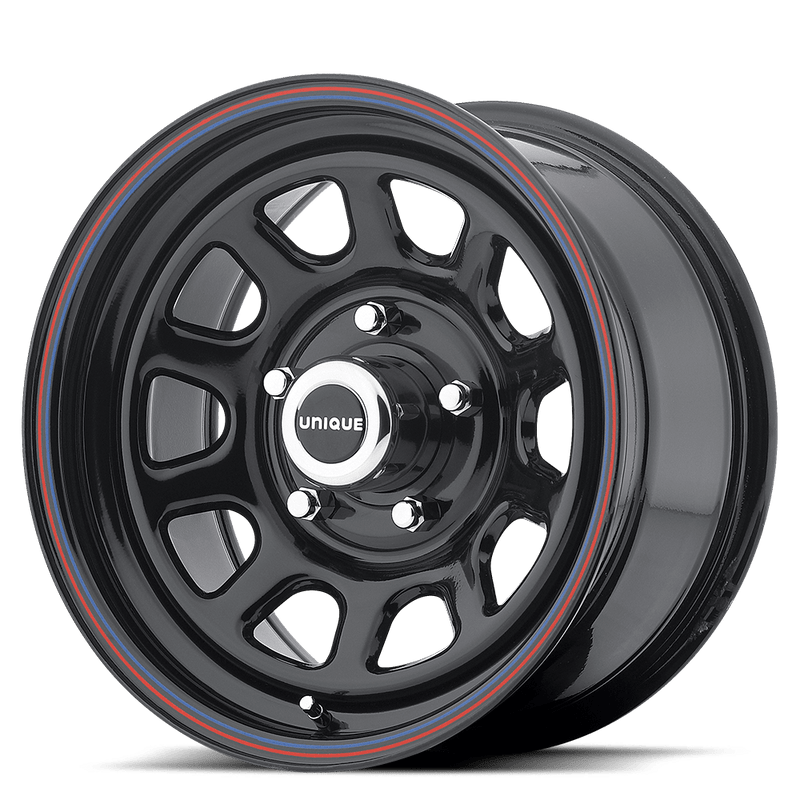 American Racing - AR767 - Black - Gloss Black Steel With Red And Blue Stripe - 15" x 7", 0 Offset, 5x114.3 (Bolt Pattern), 72.6mm HUB