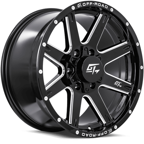GT Off-Road - Invasion - Black - Gloss Black Milled - 17" x 9", 12 Offset, 5x127/139.7 (Bolt pattern), 78.1mm HUB