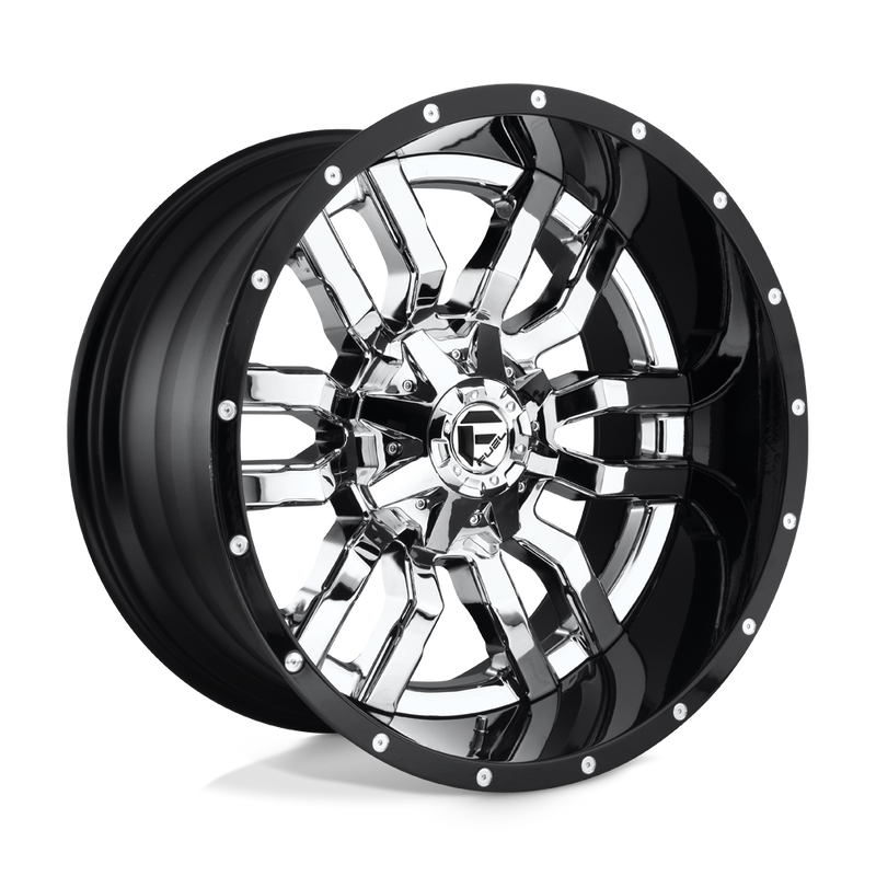Fuel - D270 SLEDGE - Polished - CHROME PLATED GLOSS BLACK LIP - 20" x 10", -18 Offset, 8x180 (Bolt Pattern), 124.2mm HUB