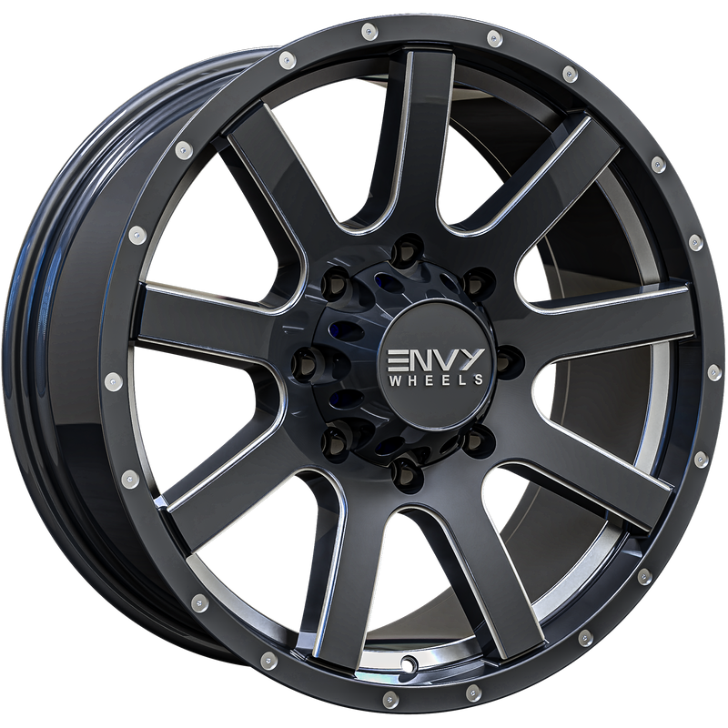 Envy Wheels - CRAZE - Gunmetal - GLOSS DARK GUN METAL / UNDERCUT / SIDE MILL / MILLED RIVETS - 17" x 9", 25 Offset, 8x165.1 (Bolt Pattern), 121.5mm HUB