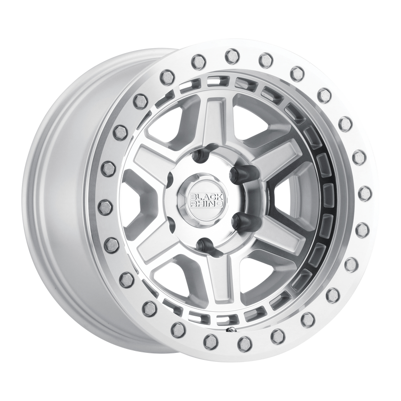 Black Rhino - RENO - Gunmetal - SILVER W/ MIRROR FACE & SILVER BOLTS - 17" x 8.5", 0 Offset, 6x139.7 (Bolt Pattern), 112.1mm HUB