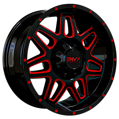 Envy Wheels - ET-2 - Black - GLOSS BLACK /  RED SIDE MILL - 18" x 9", 18 Offset, 8x165.1 (Bolt Pattern), 121.5mm HUB
