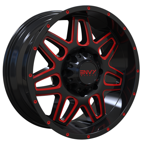 Envy Wheels - ET-2 - Black - GLOSS BLACK /  RED SIDE MILL - 18" x 9", 18 Offset, 8x170 (Bolt Pattern), 125mm HUB
