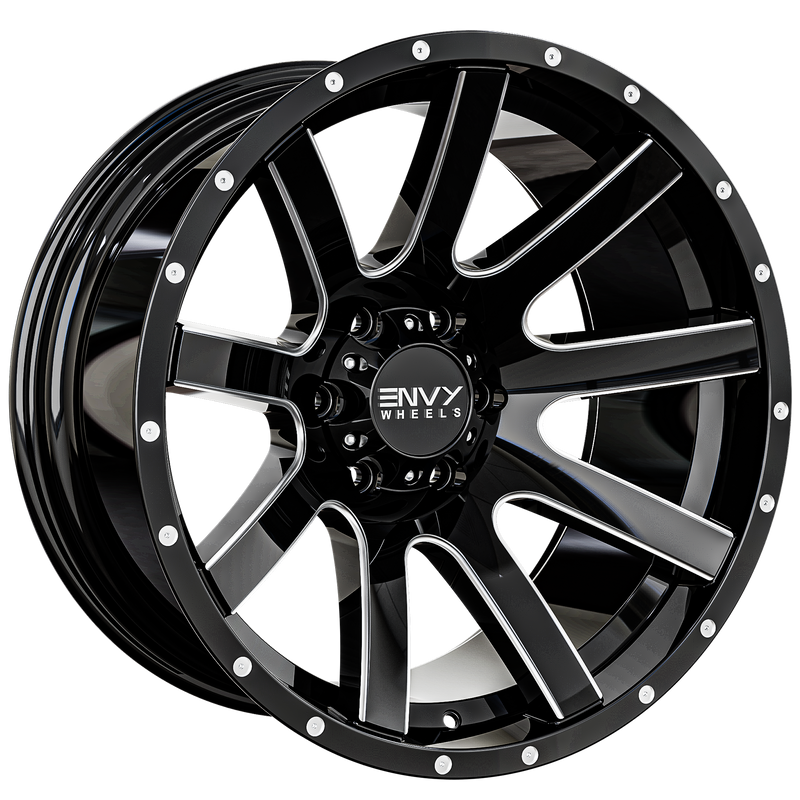Envy Wheels - CRAZE - Black - GLOSS BLACK / SIDE MILL - 20" x 10", -24 Offset, 6x139.7 (Bolt Pattern), 106.1mm HUB