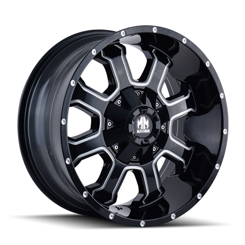 Mayhem - FIERCE - Black - GLOSS BLACK/MILLED SPOKES - 20" x 9", 0 Offset, 5x139.7/150 (Bolt Pattern), 110mm HUB