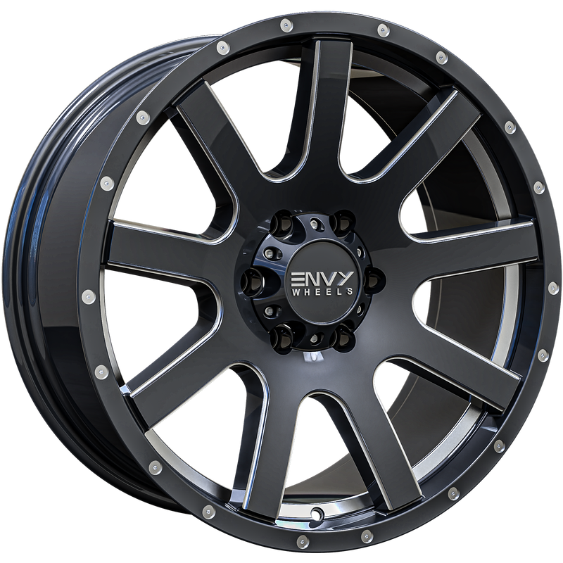 Envy Wheels - CRAZE - Gunmetal - GLOSS DARK GUN METAL / UNDERCUT / SIDE MILL / MILLED RIVETS - 20" x 9", 18 Offset, 6x139.7 (Bolt Pattern), 106.1mm HUB