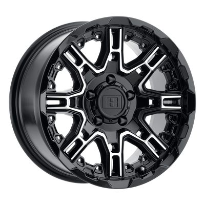 Level 8 - SLINGSHOT - Black - Gloss Black with Machined Face - 22" x 11.5", -44 Offset, 8x165.1 (Bolt Pattern), 125.1mm HUB