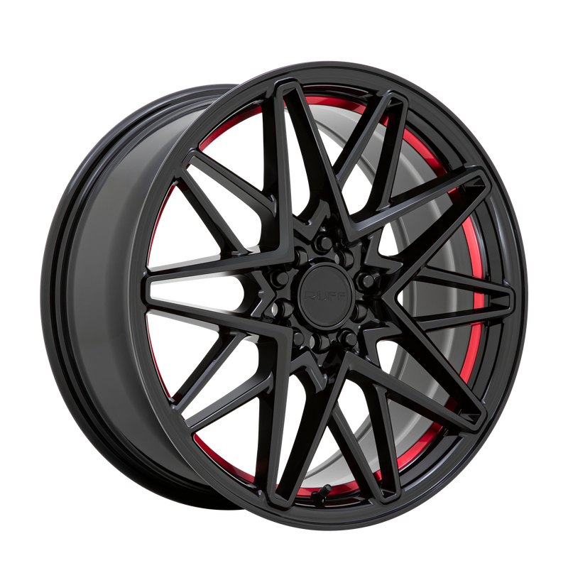 Ruff - CLUTCH - Black - Gloss Black with Machined Red Inner Lip - 18" x 8", 38 Offset, 5x112/120 (Bolt Pattern), 76.1mm HUB