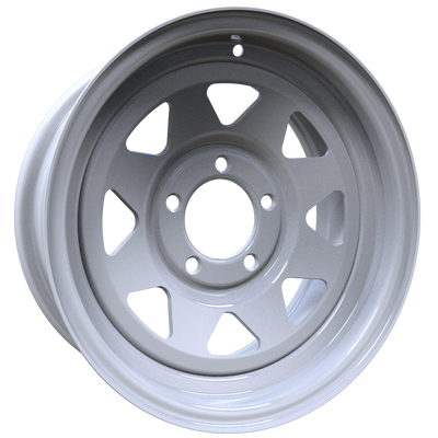 Envy Wheels - TRAILER STEEL SPOKE - White - WHITE / RED AND BLUE PIN STRIPE - 14" x 6", 0 Offset, 5x114.3 (Bolt Pattern), 84mm HUB