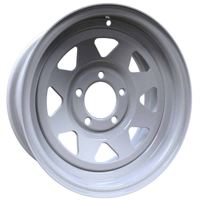 Envy Wheels - TRAILER STEEL SPOKE - White - WHITE / RED AND BLUE PIN STRIPE - 14" x 6", 0 Offset, 5x114.3 (Bolt Pattern), 84mm HUB